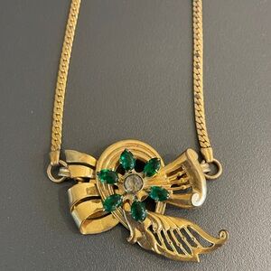 HARRY ISKIN 1/20 12k gold filled Green Rhinestone Gold Necklace 1940s Vintage
